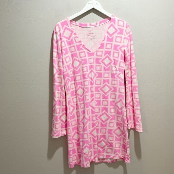 MAHI GOLD Women’s Pink Geometric Print Long Bell Sleeve V-Neck Dress Size Large - Picture 1 of 5